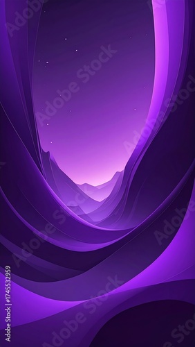 Purple valley at twilight.  Abstract, stylized mountain landscape.  Deep, swirling purple colors.  Soft, smooth shapes.  Stars or birds are faintly visible