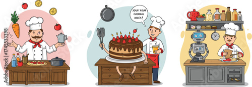 Professional chef cooking in kitchen, funny culinary cartoon scenes with cake, robot assistant, and juggling vegetables, creative cooking concept vector illustration