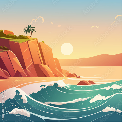 Coastal sunset landscape with cliffs and palm tree
