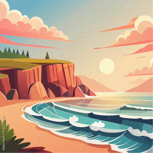 Coastal landscape with cliffs and sunset sky