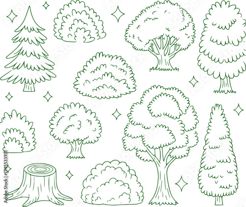 A charming collection of hand-drawn green trees, bushes, and a tree stump