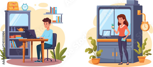 Remote work concept, people working from home office and coworking space interior, modern flat design with plants and furniture, vector illustration