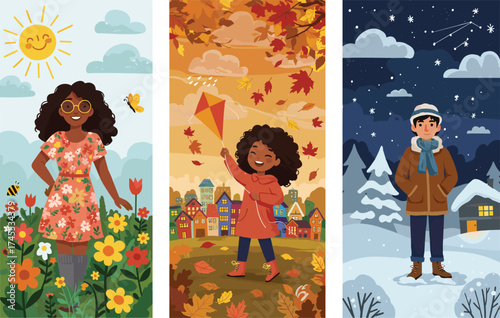 Seasonal people character set, spring summer autumn winter lifestyle scenes, outdoor fashion and weather change concept, flat colorful vector illustration