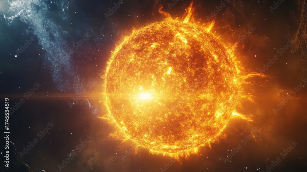 Obraz premium Ultra realistic fiery Sun in deep space with solar flares glowing symbolizing astronomy, science, energy, star, galaxy, universe, plasma, heat, cosmic power, fire, light stellar beauty, and mystery