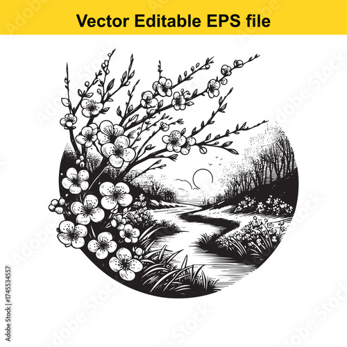 Vector art of black and white illustration of cherry blossoms by a winding stream in a forest