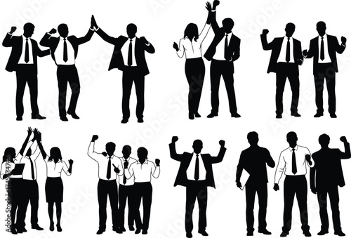 Business celebration icon set, teamwork silhouette vector, success pose, corporate achievement, motivation, high-five, line illustration