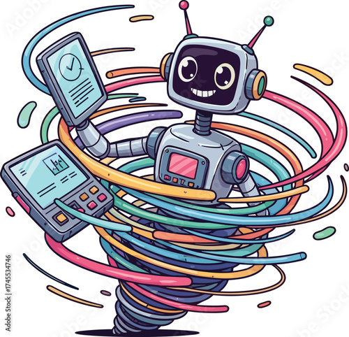 Smart robot with swirling data streams, futuristic artificial intelligence technology managing digital devices and analytics, innovation and automation concept, vector illustration