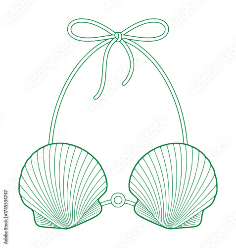 Green Line Art Seashell Bikini Top with Bow