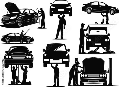 Car maintenance icon set, mechanic silhouette vector, auto repair, garage tools, vehicle inspection, tire change, line illustration