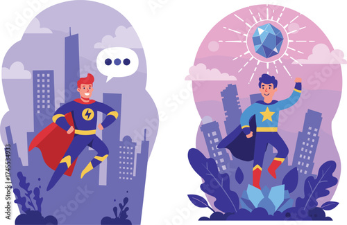 Superhero characters flying in cityscape, modern flat style comic heroes with capes and powers, fantasy action scene design, vector illustration