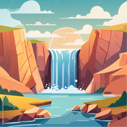Waterfall landscape with towering cliffs and blue sky