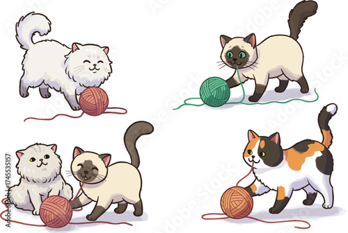 Charming cartoon cats playfully tangled with yarn balls, fun calico, Siamese, and fluffy cat characters for pet illustrations and kids design.