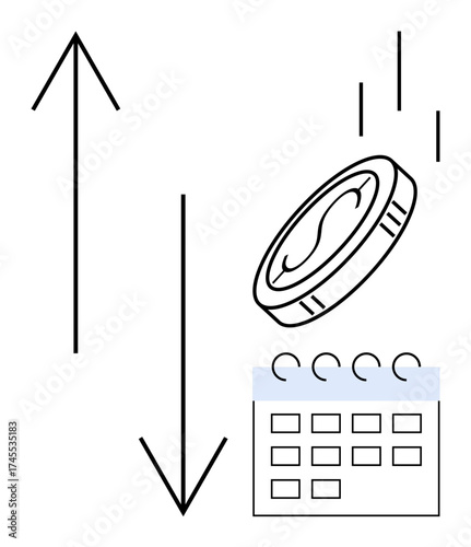 Coin flipping mid-air between upward and downward arrows above a calendar. Ideal for decision-making, planning, chance, probability, risk management, time-based choices, simple flat metaphor