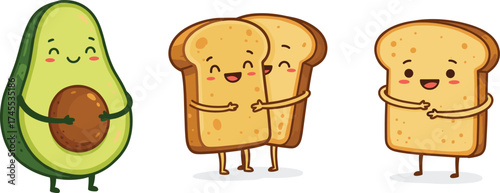 Cheerful cartoon avocado with a big smile and hugging toast slices illustration, perfect for friendship, food themes, and playful designs.