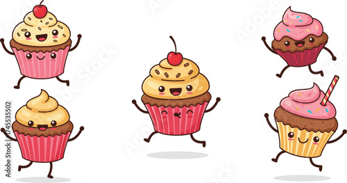 Cute cartoon cupcakes with smiling faces, colorful frosting, sprinkles, and playful expressions, perfect for kids, bakery branding, and party design.