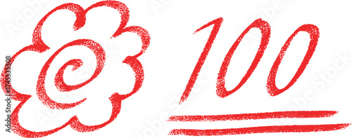 赤いクレヨンタッチの花丸と100点アイコンセット　Adobe Illustrator Artwork
