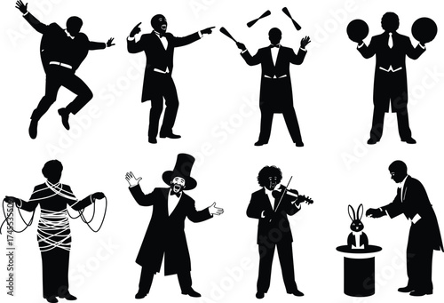 Circus and magic performer silhouettes, entertainer icon set, magician, juggler, strongman, dancer, illusionist, vector isolated, editable, theatrical