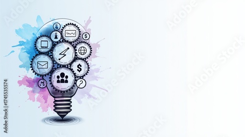 Creative lightbulb with gears and business icons representing innovation and ideas