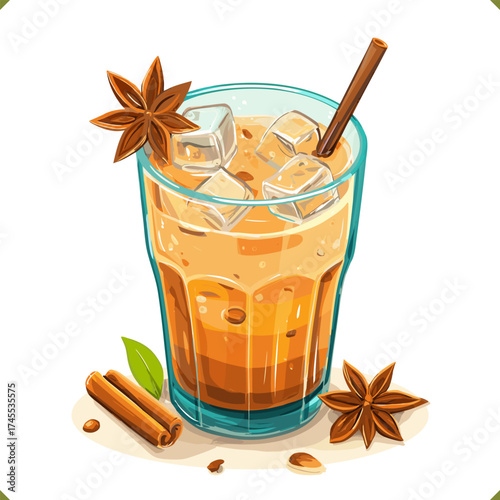 Vector illustration of a glass of iced Thai milk tea with cinnamon stick and star anise, decorated with ice cubes, isolated on a white background. Vector illustration of winter beverage on white backg