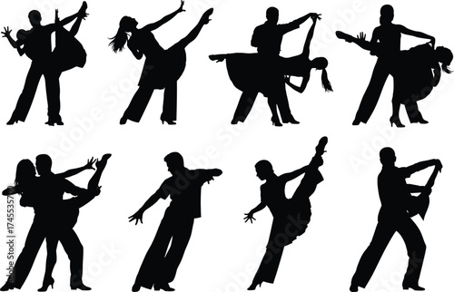Dancing couple icon set, ballroom silhouette vector, Latin dance pose, elegant lift, rhythmic motion, performance, line illustration