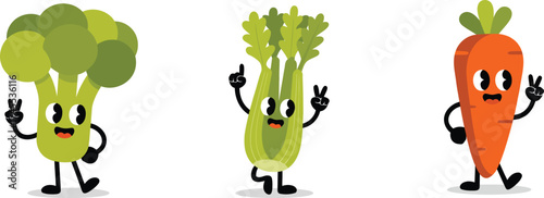 Three cartoon vegetables broccoli celery and carrot with faces and arms