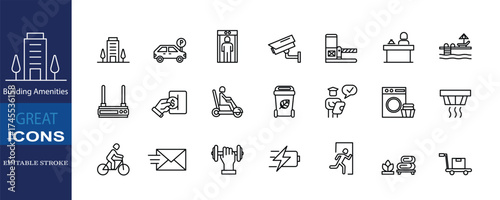 A set of 21 editable stroke icons illustrating various building amenities such as parking, security, reception, gym, pool, and more. Perfect for real estate and facility design