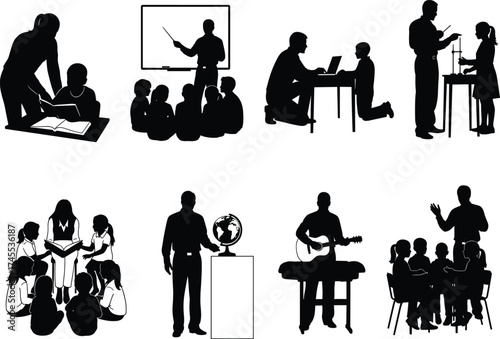 Education icon set, teacher and student silhouette vector, classroom scene, digital learning, storytime, music lesson, line illustration