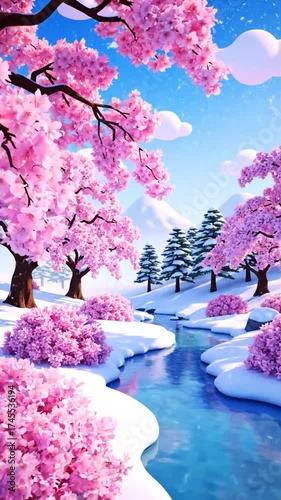 水辺の桜並木と雪山 冬の空の下の春の風景