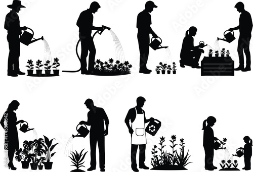 Gardening icon set, watering plants vector, silhouette bundle, family activity, eco care, indoor garden, nature, line illustration