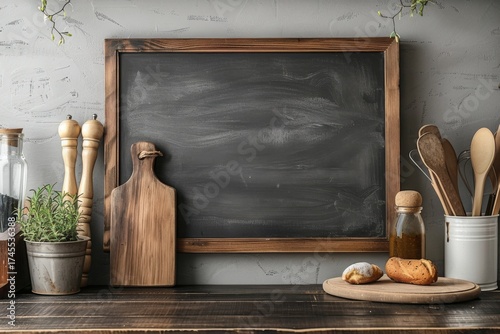 Mock up of chalkboard in kitchen interior. Panoramic background with kitchen utensils