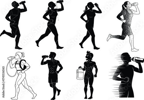 Hydration icon set, drinking silhouette vector, fitness and futuristic poses, water bottle, health concept, motion, line illustration