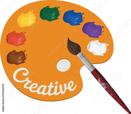 Artist s paint palette with colorful paints and a brush