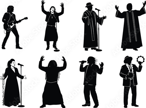 Musical performance icon set, singer and musician silhouette vector, stage gesture, vocal art, tambourine, robe, line illustration