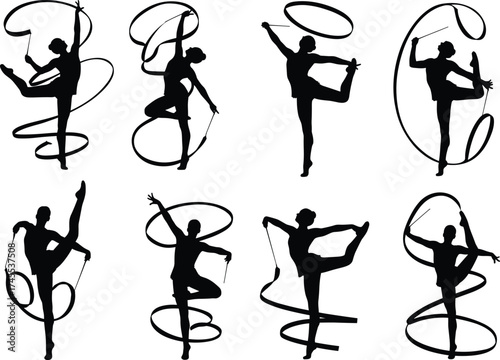 Rhythmic gymnastics icon set, ribbon silhouette vector, athletic pose, dance motion, flexibility, grace, sport art, line illustration