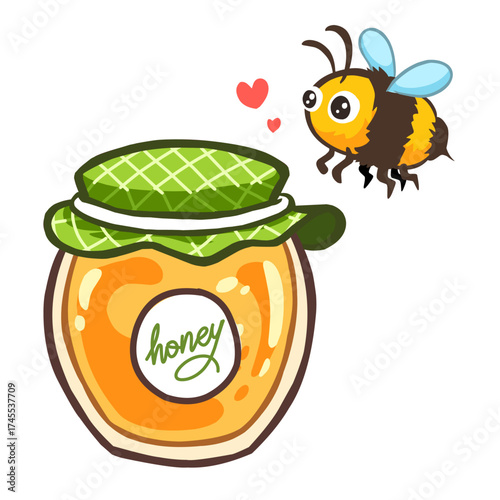 A cheerful and colorful cartoon illustration featuring a cute honey bee flying near a large, full honey jar with a green checkered lid. The bee has large