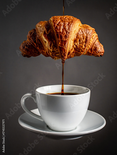 Dynamic zero-gravity coffee-pour with floating croissant and mug.