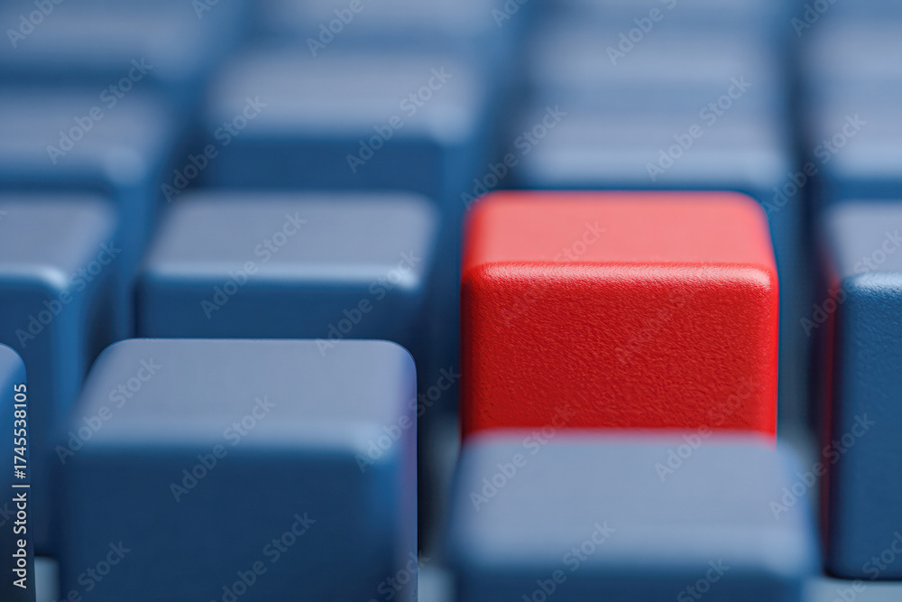 Fototapeta premium A close-up of a keyboard featuring multiple blue keys, with one red key standing out prominently among them.