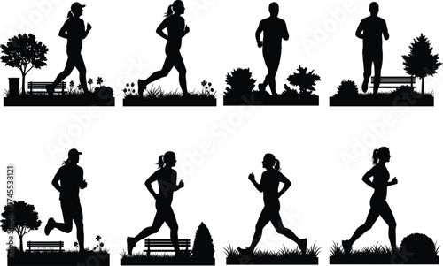 Running icon set, jogging silhouette vector, outdoor fitness, park trail, nature exercise, health activity, motion, line illustration