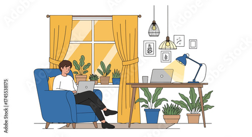 Young Man Working From Home on Laptop in Cozy Plant Filled Room Modern Remote Work Lifestyle Illustration