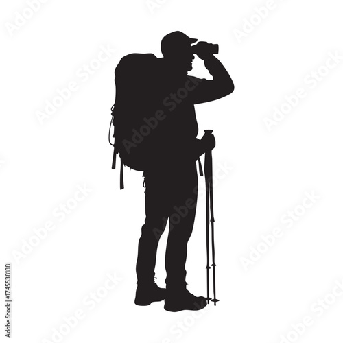 Man with backpack and binoculars looking into distance silhouette