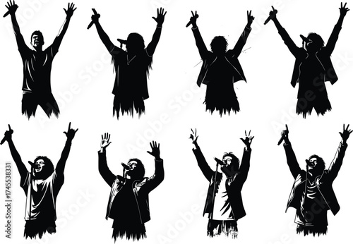 Singer icon set, performer silhouette vector, microphone pose, live music, stage gesture, vocal art, entertainment, line illustration