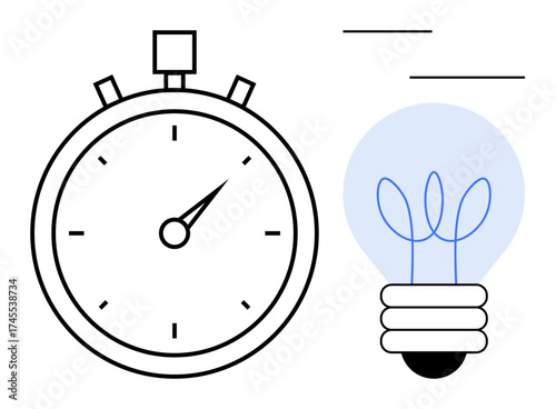 Stopwatch showing time precision beside a glowing light bulb for creativity, innovation, and productivity. Ideal for time management, brainstorming, efficiency, workflow, innovation, productivity