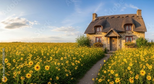 Charming thatched cottage nestled in a vibrant field of sunflowers at sunset