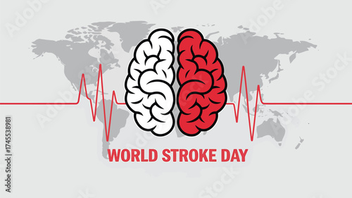Vector art of world stroke day concept with split brain and heartbeat line on world map