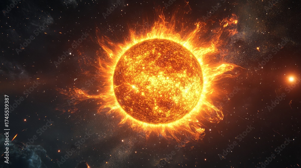 Naklejka premium Ultra realistic fiery Sun in deep space with solar flares glowing symbolizing astronomy, science, energy, star, galaxy, universe, plasma, heat, cosmic power, fire, light stellar beauty, and mystery