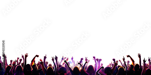 excited crowd with raised hands at concert isolated on white background, png, ai generated