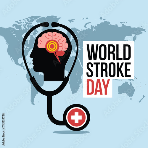 Vector art of world stroke day awareness with stethoscope, brain, and world map