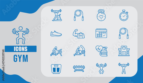  Modern Gym Icon Set Featuring Dumbbells, Kettlebells, Barbells, and Fitness Equipment Symbols