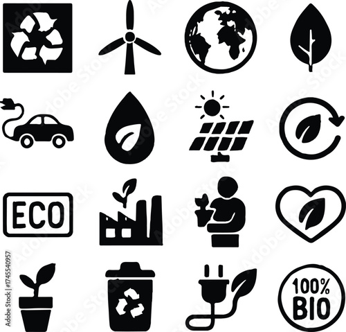 Ecology icons set in black vector design for summer and travel themes