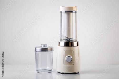 Wallpaper Mural Minimalist Blender: A close-up shot showcases a sleek and modern blender, alongside a clear glass container, against a clean, light-toned backdrop, capturing simplicity and functionality. Torontodigital.ca